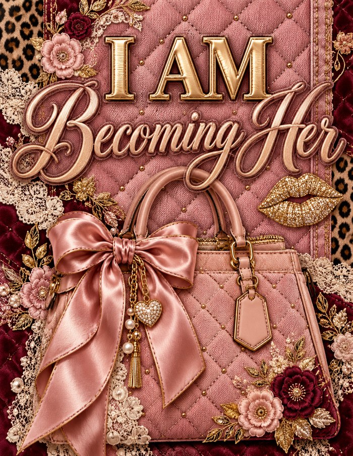 I Am Becoming Her affirmation journal cover in rose pink and gold