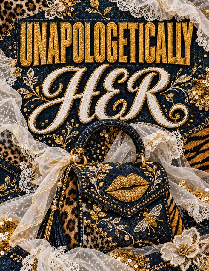 Unapologetically Her custom journal cover with denim, gold lips and handbag